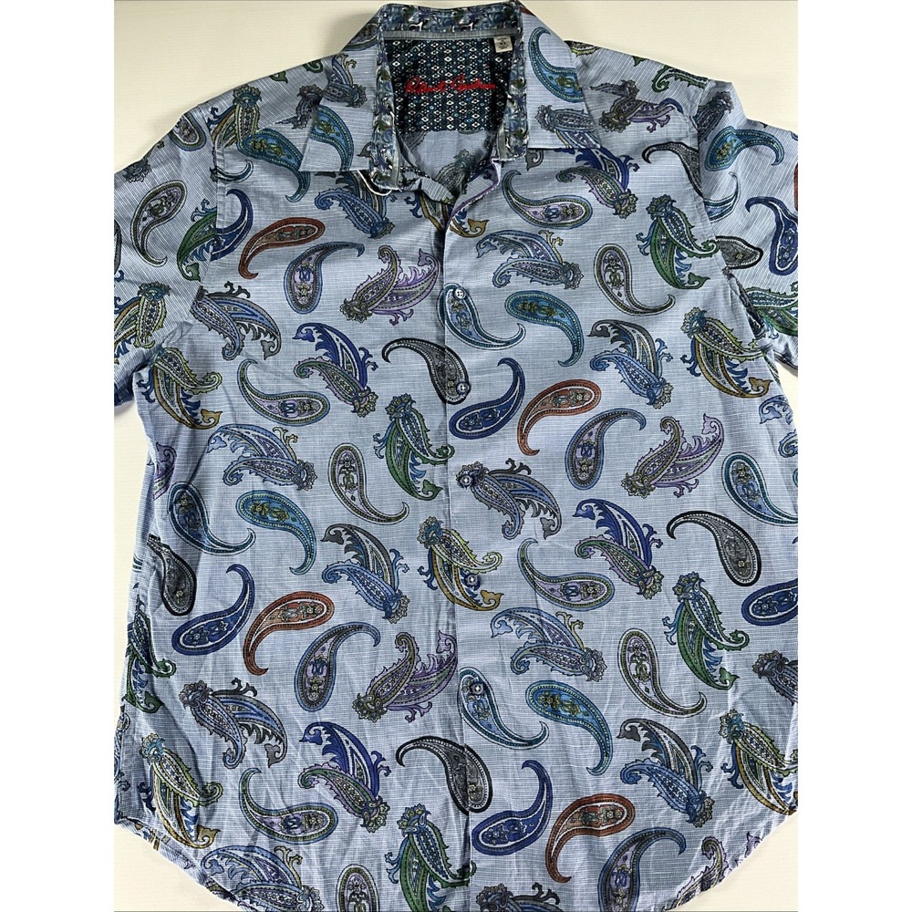 Robert Graham Shirt Mens XL Blue Paisley Short Sleeve Linen Blend Button Up